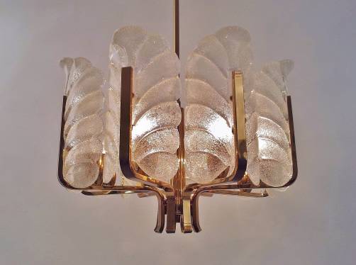 Carl Fagerlund Orrefors chandelier glass leaves & brass, 8 light, 1960`s ca, Sweden